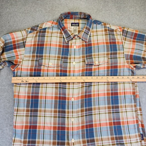 Patagonia Buckshot Plaid Long Sleeve Button Shirt Mens L Blue Orange Brown - Picture 7 of 8